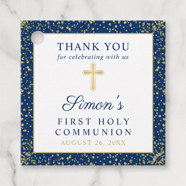 Étiquettes Cadeau Gold Navy Blue First Holy Communion Merci (Devant)