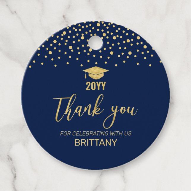 Étiquettes Cadeau Gold Navy Confetti 2022 Graduation Party Merci (Devant)