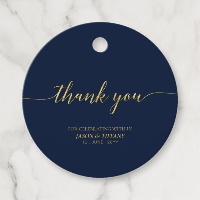 Étiquettes Cadeau Gold & Navy Elegant Script Party Favoriser le Merc (Devant)