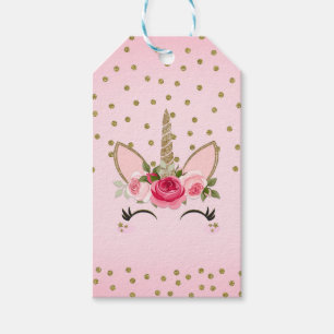 Étiquettes-cadeau Gold Parties scintillant & Rose Floral Unicorn fêt