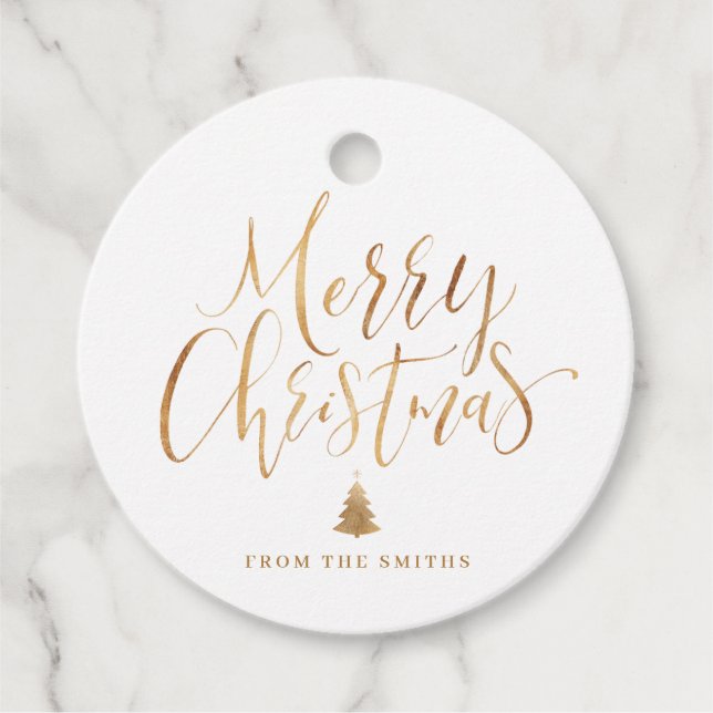 Étiquettes Cadeau Gold Simple Calligraphie Joyeux Noël (Devant)