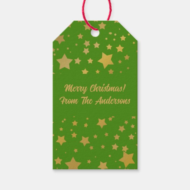 Étiquettes-cadeau Gold Stars sur Green Joyeux Noël (Devant)