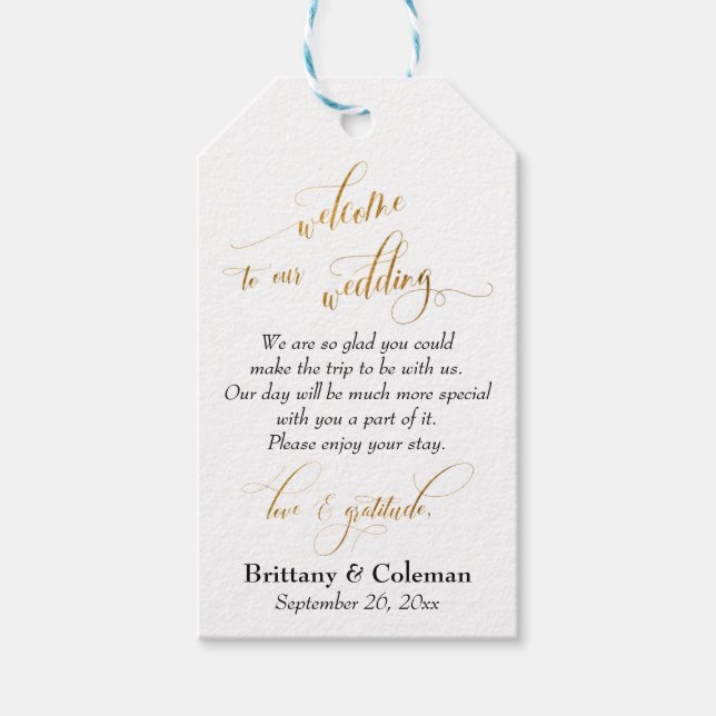 Étiquettes-cadeau Gold Welcome Amour & Gratitude Mariage personnalis (Devant)