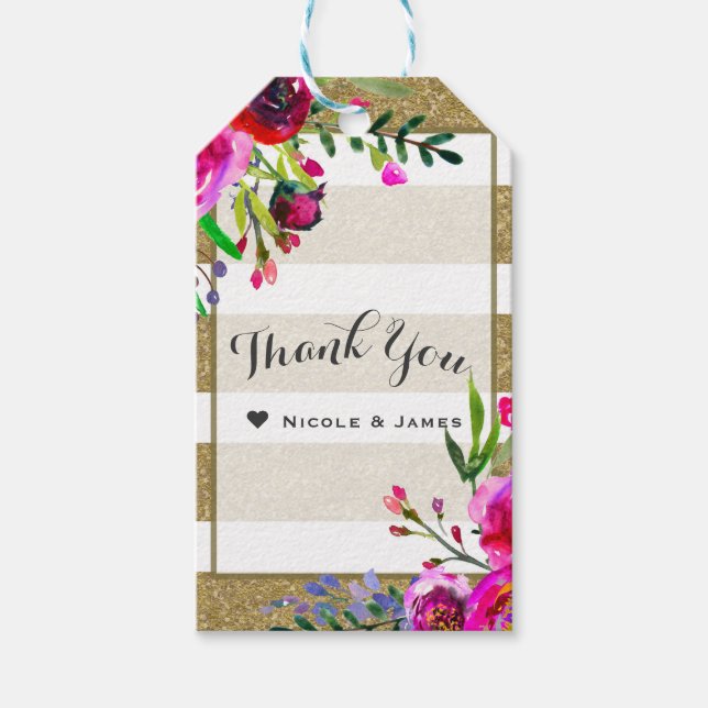 Étiquettes-cadeau Gold White Stripes Gras Glam Floral Chic Favoriser (Devant)