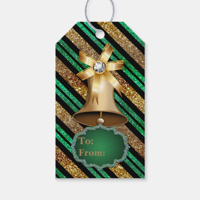 Étiquettes-cadeau Golden Bell Green Gold & Black Faux Parties scinti (Devant)