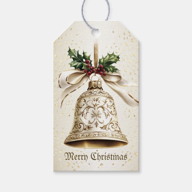 Étiquettes-cadeau Golden Christmas Bell Shiny Stars Green Feuilles (Devant)
