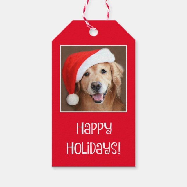 Étiquettes-cadeau Golden Retriever Avec Red Santa Chapat (Devant)