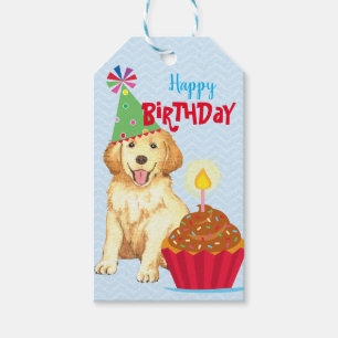 Étiquettes-cadeau Golden retriever de petit gâteau d'anniversaire