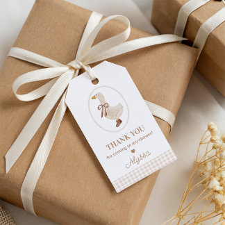 Étiquettes-cadeau Goose Baby Shower Favor Tags | Beige Gingham