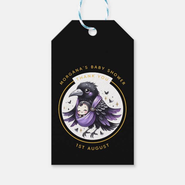 Étiquettes-cadeau Goth Bébé garçon ou fille Douche Crow Merci (Devant)