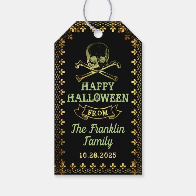 Étiquettes-cadeau Gothique Black & Gold Skull Halloween Party (Devant)