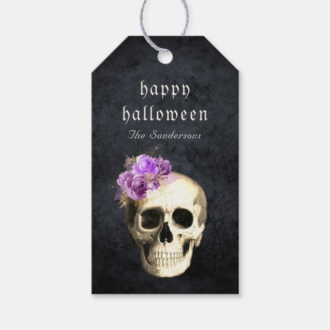 Étiquettes-cadeau Gothique Crâne violet Roses Halloween Personnalisé (Devant)