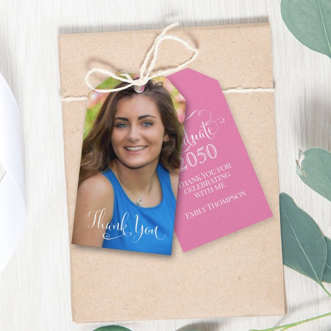 Étiquettes-cadeau Graduation Photo Elégant Merci Favor rose (Créateur téléchargé)