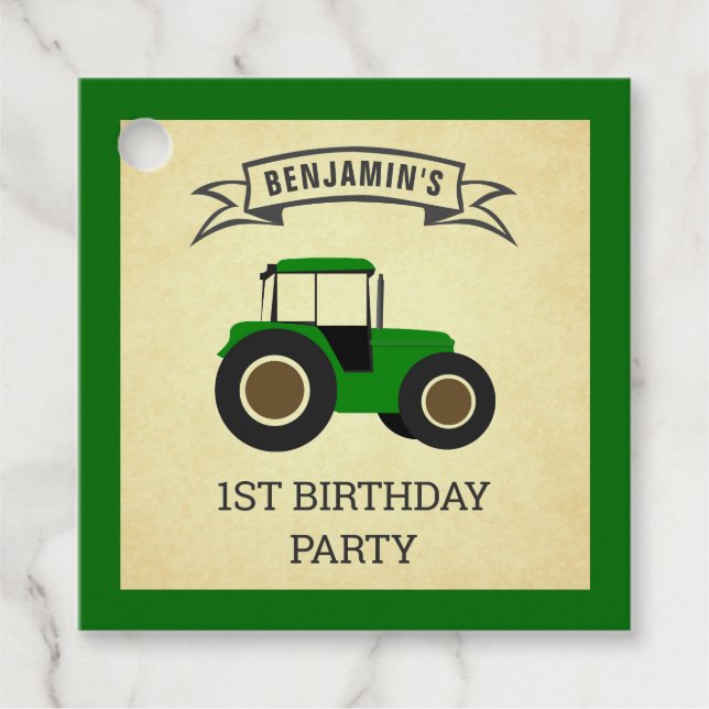Étiquettes Cadeau Green Farm Tractor Anniversaire de enfant Party (Devant)