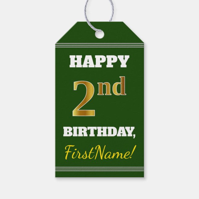 Étiquettes-cadeau Green, Faux Gold 2e anniversaire + Nom personnalis (Devant)