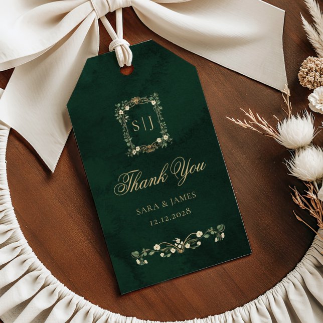 Étiquettes-cadeau Green Gold Botanical Crest Wedding Thank you (Créateur téléchargé)