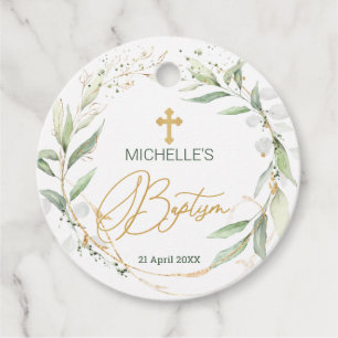 Étiquettes Cadeau Green Gold Foliage Cross Baptism Favoriser Tags