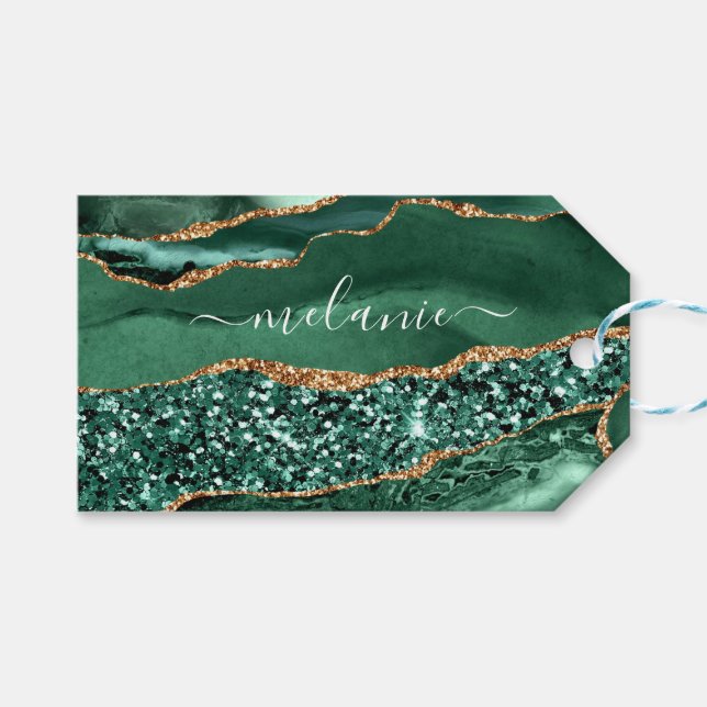 Étiquettes-cadeau Green Gold Parties scintillant Emerald Custom Name (Devant (Horizontal))