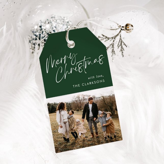 Étiquettes-cadeau Green Modern Simple Script Photo Joyeux Noël (Créateur téléchargé)