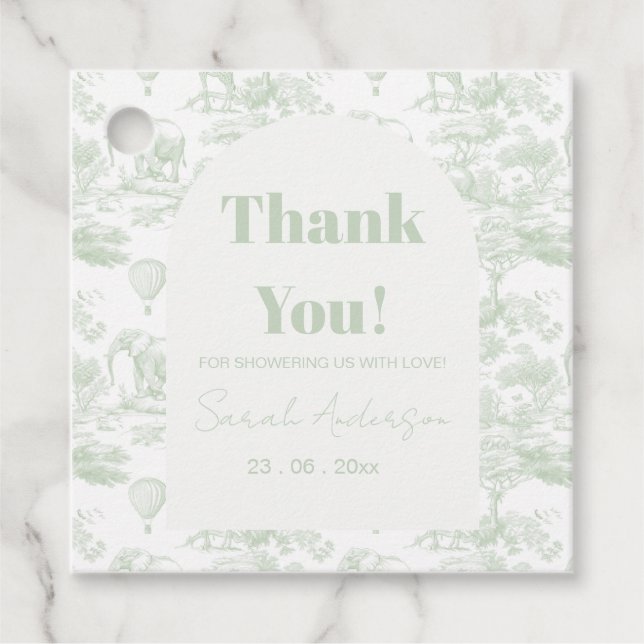 Étiquettes Cadeau Green Safari Toile D Jouy Jungle Theme Baby Shower (Devant)