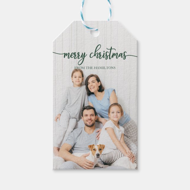 Étiquettes-cadeau Green Script Joyeux Noël Photo personnalisée (Devant)
