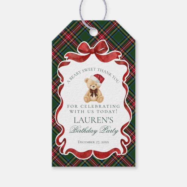 Étiquettes-cadeau Green Tartan Plaid Christmas Bear Birthday Favors (Devant)