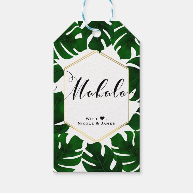 Étiquettes-cadeau Green Tropical Feuille White Gold Chic MAHALO ALOH (Devant)
