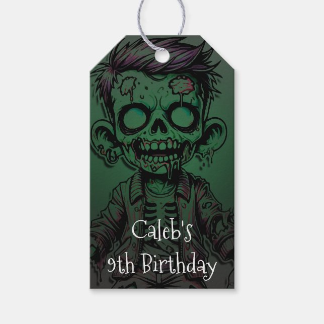 Étiquettes-cadeau Green Zombie Enfant & Slime Halloween fête d'anniv (Devant)