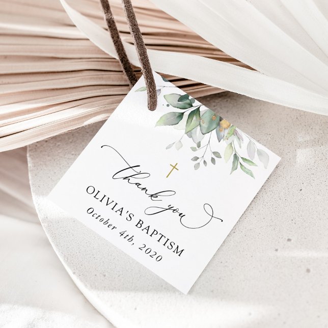 Étiquettes Cadeau Greenery, Eucalyptus Leaves, Boho, Baptism (Créateur téléchargé)