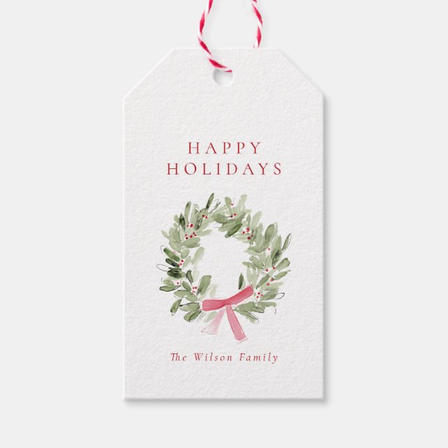 Étiquettes-cadeau Greenery Wreath & Red Bow Holiday (Devant)