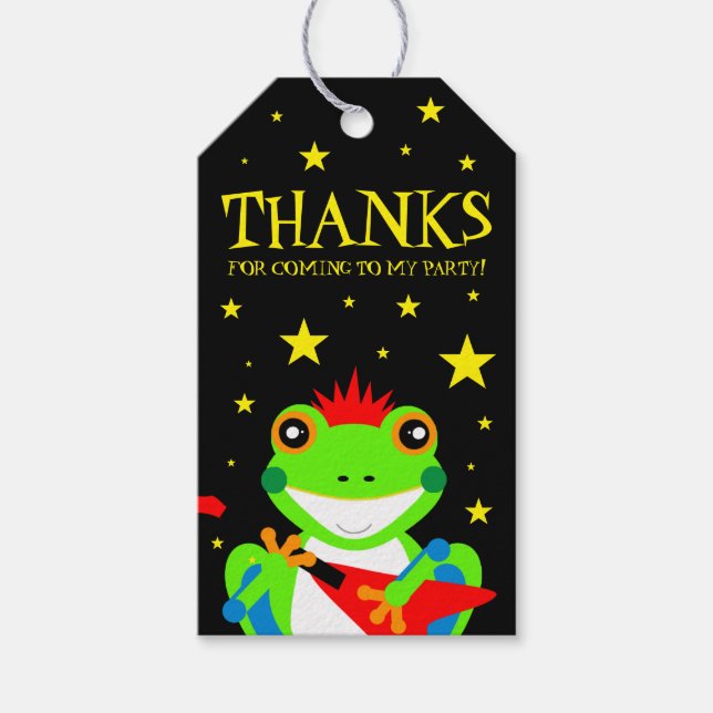 Étiquettes-cadeau Grenouille d'arbre d'anniversaire de Rockin avec g (Devant)