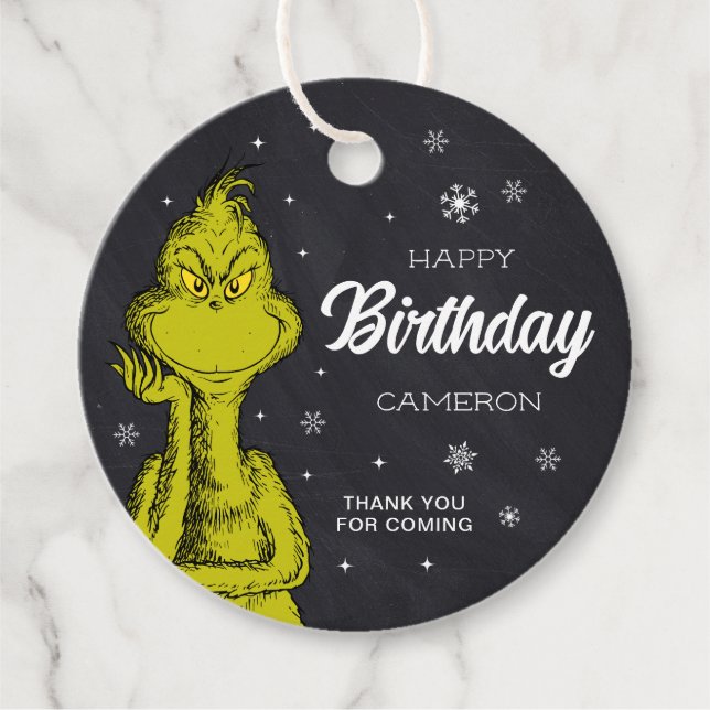 Étiquettes Cadeau Grinch Chalkboard Anniversaire Favoriser (Devant)