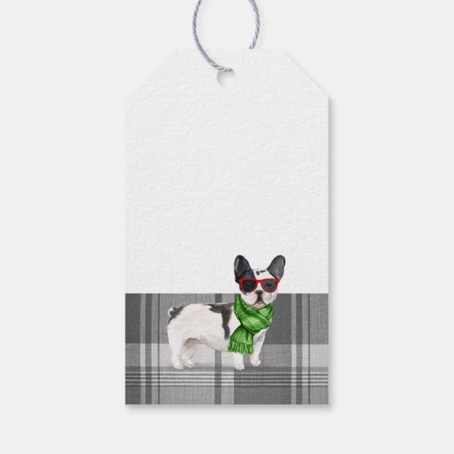 Étiquettes-cadeau Gris Plaid et un gentil Boston Terrier Dog Noël (Dos)