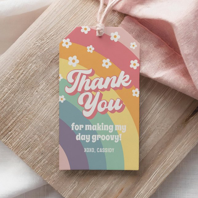 Étiquettes-cadeau Groovy Rétro Anniversaire Fleur de Daisy Arc-en-Ci (Créateur téléchargé)