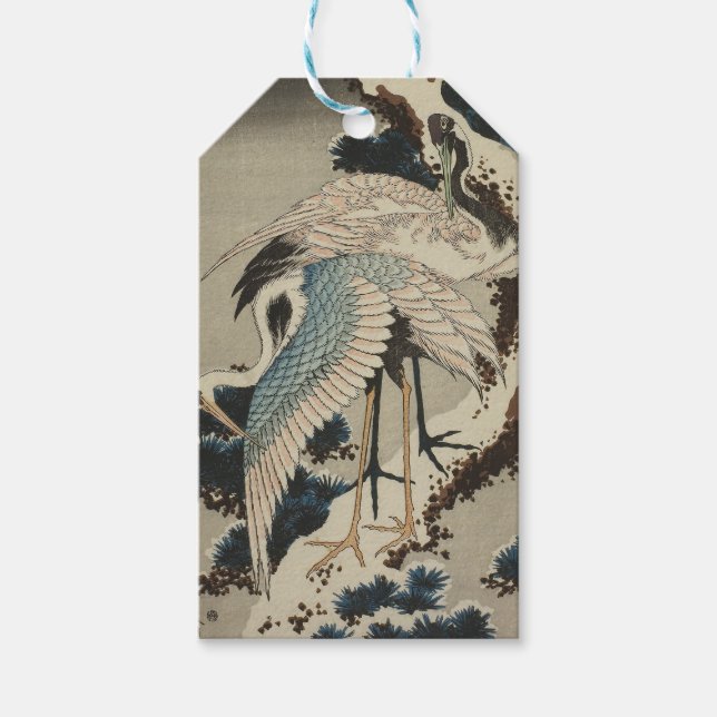 Étiquettes-cadeau Grues sur un pin couvert de neige Hokusai (Devant)