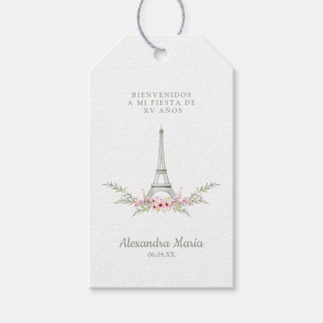 Étiquettes-cadeau Guirnalda Rosa y Verde con Torre Eiffel para XV (Devant)