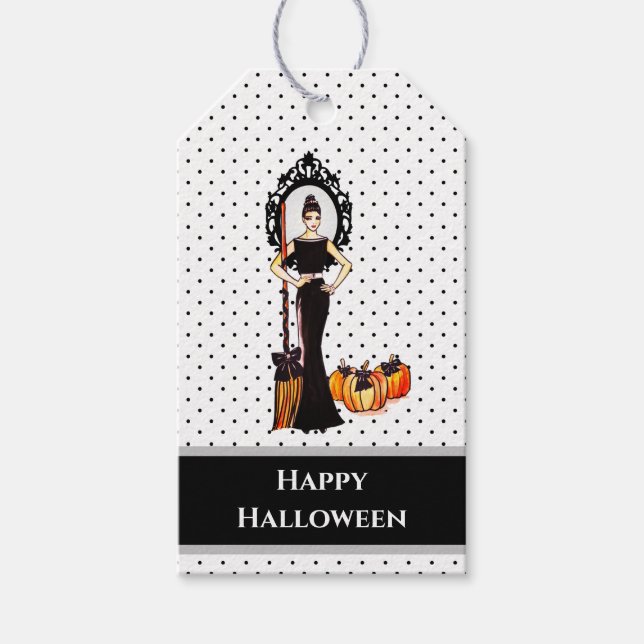 Étiquettes-cadeau Halloween Classic Élégante Robe Noire Longue Mode (Devant)