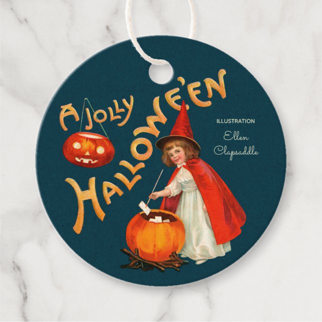 Étiquettes Cadeau Halloween Cute petite sorcière CC1241 Clapsaddle (Devant)