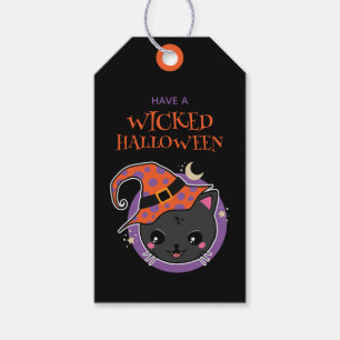 Étiquettes-cadeau Halloween en chat à sorcière Kawaii