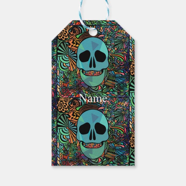 Étiquettes-cadeau Halloween Hippie Skull Thunder_cove (Devant)