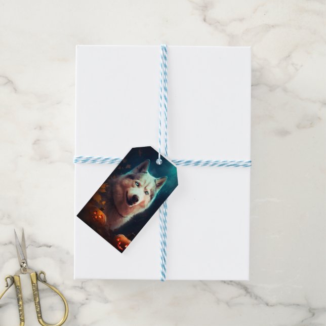 Étiquettes-cadeau Halloween Husky Sibérien Avec La Peur Citrouille (Avec de laficelle)