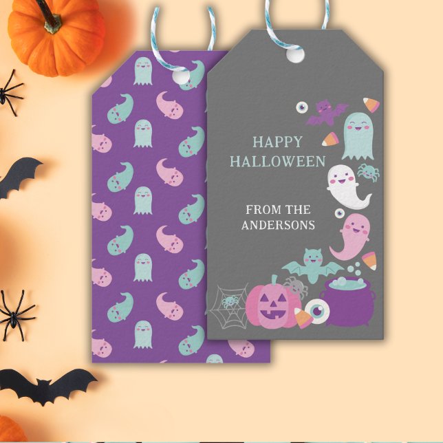 Étiquettes-cadeau Halloween rose mignon, fantômes, chauve-souris et  (Créateur téléchargé)