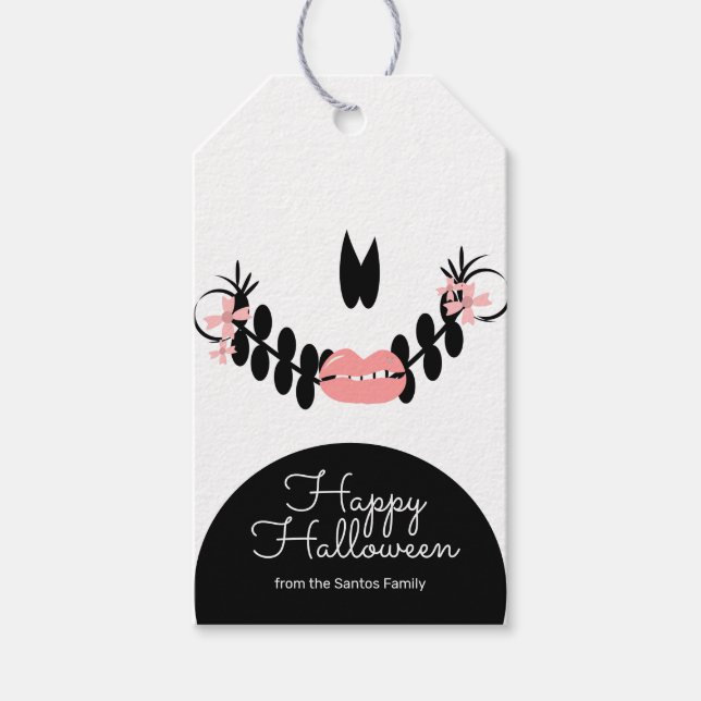 Étiquettes-cadeau Halloween Squelette Face Trac ou traiter bonbons (Devant)