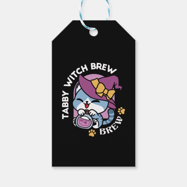Étiquettes-cadeau Halloween Tabby Cat – Witch Hat & Potion Art (Devant)