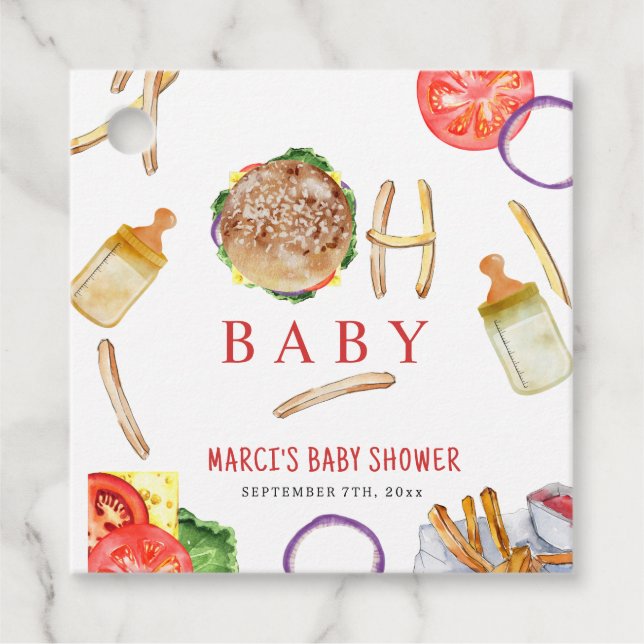 Étiquettes Cadeau Hamburgers et Bouteilles Oh Baby shower (Devant)