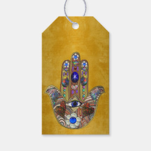 Étiquettes-cadeau Hamsa Coeurs Fleurs Opal Art sur Or