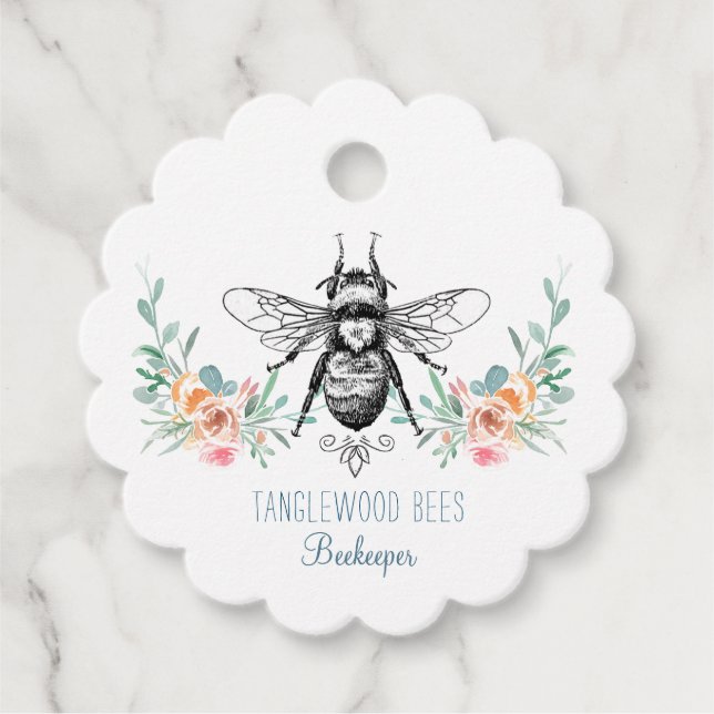 Étiquettes Cadeau Hand Draey Bee Beekeeper Apiary Floral Prix (Devant)