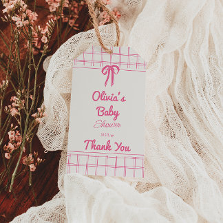 Étiquettes-cadeau Hand Drawn Pink Gingham Bow Baby Girl Shower