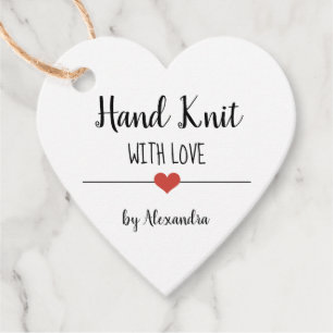Étiquettes Cadeau Hand Knit avec amour nom de script blanc