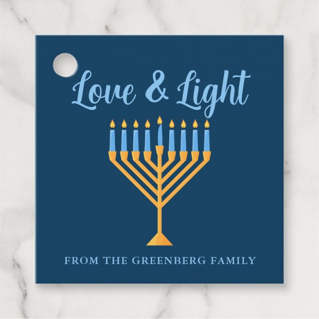 Étiquettes Cadeau Hanoukka Love & Light Custom Menorah Blue Party (Devant)
